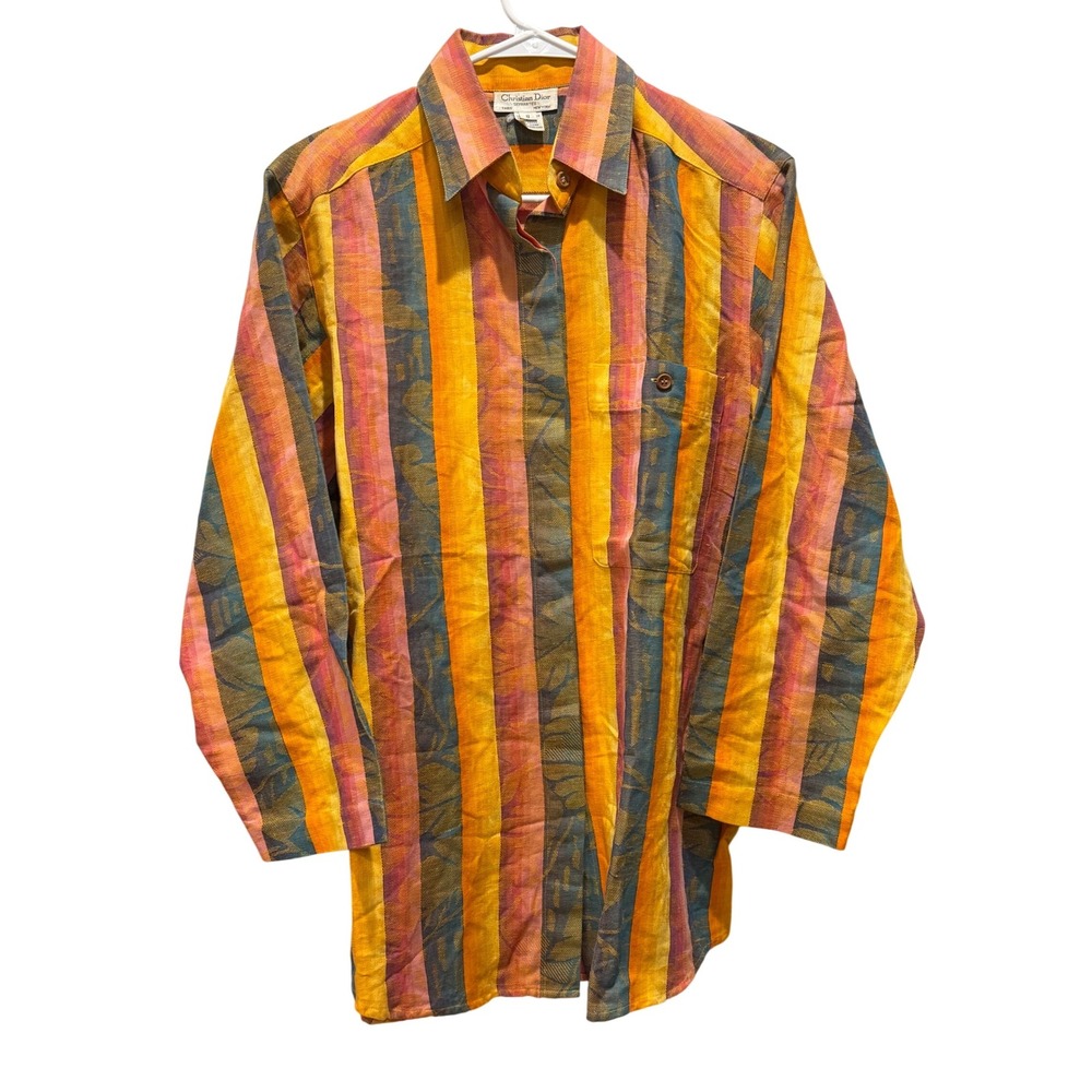 Christian Dior Paris New York Leaf Striped Multi-Color Button Down Shirt Size‎ 8